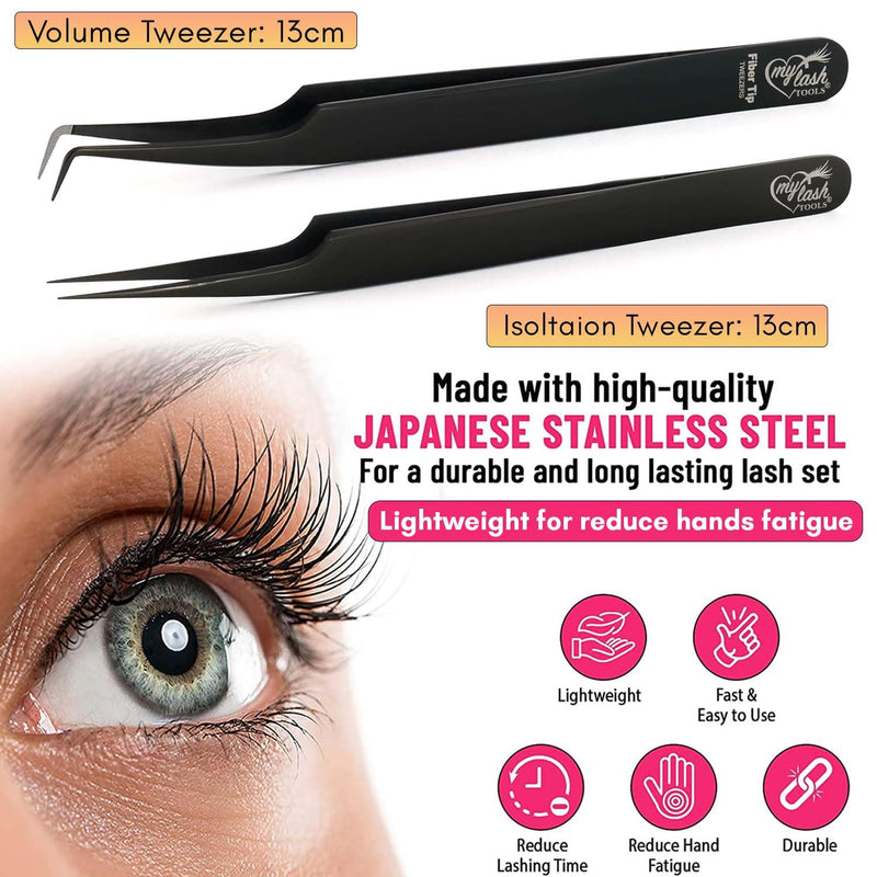 2Pcs Fiber Tip Lash Tweezers for Eyelash Extensions and Straight Isolation Tweezer Set – Professional Precision Fan Making, Mega Volume Boot Lashing, Classic & Mink Eyelashes, Black 2PCS SET Black Tweezers Set/Mlt07-3)