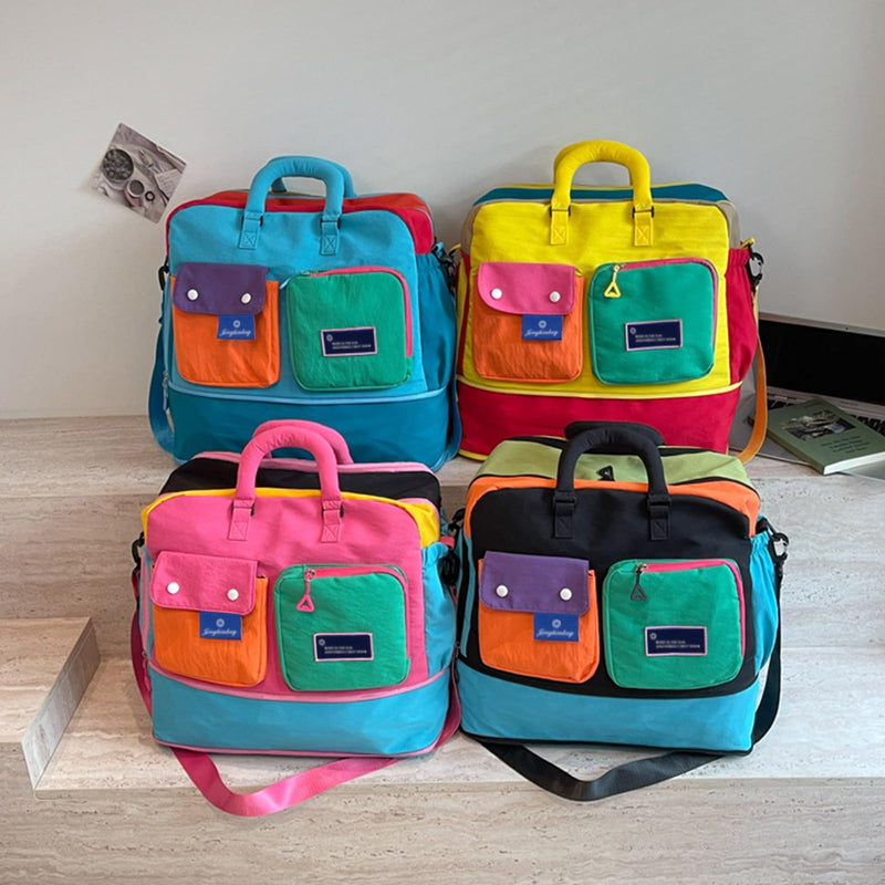 Women Color Block Travel Duffle Bag Large Multi Pockets Nylon Crossbody Purse Gym Hobo Shoulder Tote Handbag (Pink) Pink