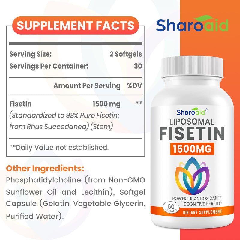 1500mg Fisetin Supplements - Powerful Absorption with Liposomal Delivery,98% Pure Fisetin,Polyphenol Antioxidant for Healthy Aging,Non-GMO - 1 Bottles, 60 Softgels for Adults 60 Count (Pack of 1)