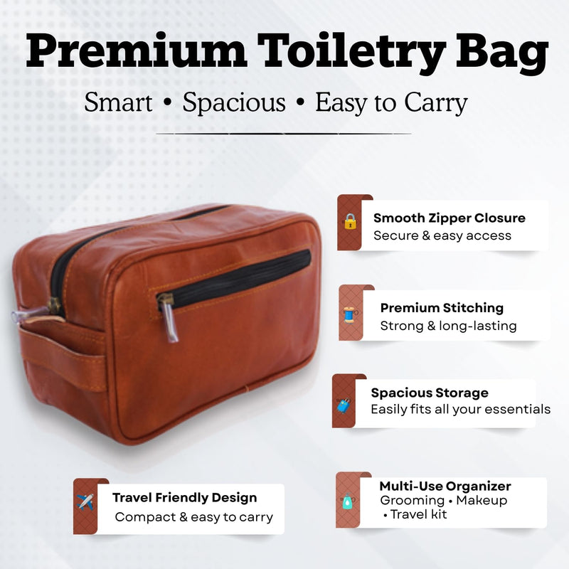Premium Buffalo Leather Toiletry Bag, Travel Dopp Kit with Water-Resistant Lining & Organizer Compartments, Durable Grooming Pouch for Men & Women (Tan Brown) Tan Brown