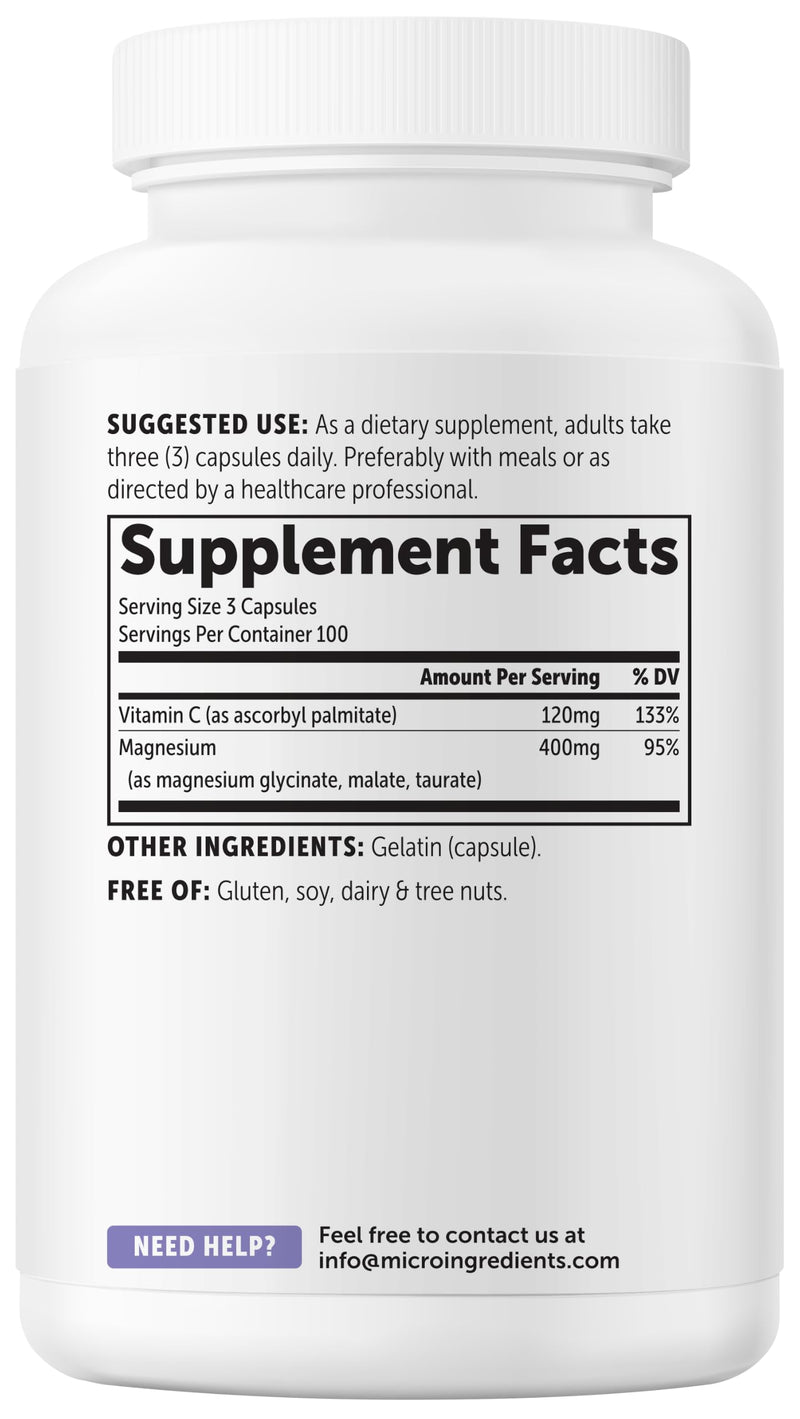 Micro Ingredients Pure Triple Magnesium Complex | 300 Capsules | 400mg Elemental Magnesium Per Serving | Chelated Glycinate, Taurate, Magnesium Malate, Vitamin C | Filler Free