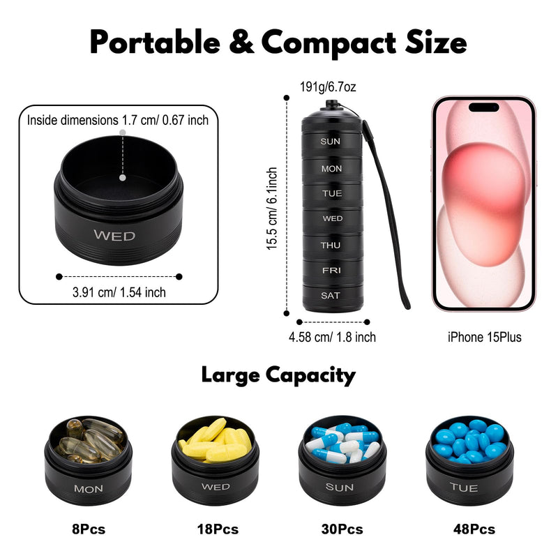 Metal Travel Pill Organizer Weekly Waterproof Aluminum Alloy 7 Day Pill Box | Large Compartments for Vitamins, Medicine, Supplements & Fish Oil, Portable Daily Pill Case Medication Container Black L