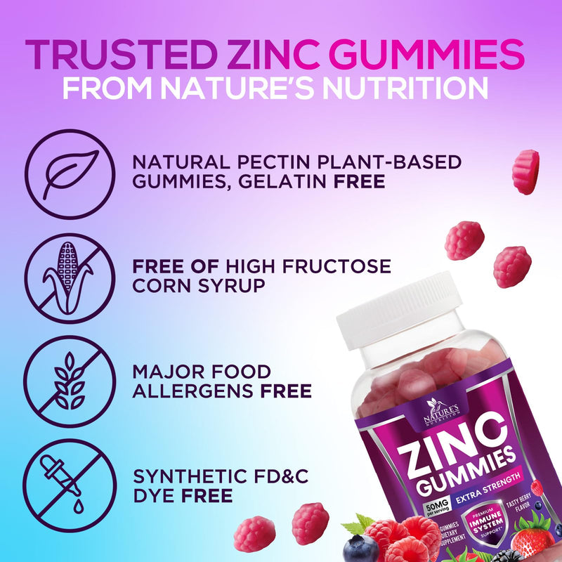 Zinc Gummies - 50mg Zinc Per Serving Immune Skin & Bone Support Health Gummy - Premium Antioxidant Chewable, High Absorption Vegan, Best Supplements Vitamin for Adults, Tasty Berry Flavor, 60 Gummies 60 Count (Pack of 1)