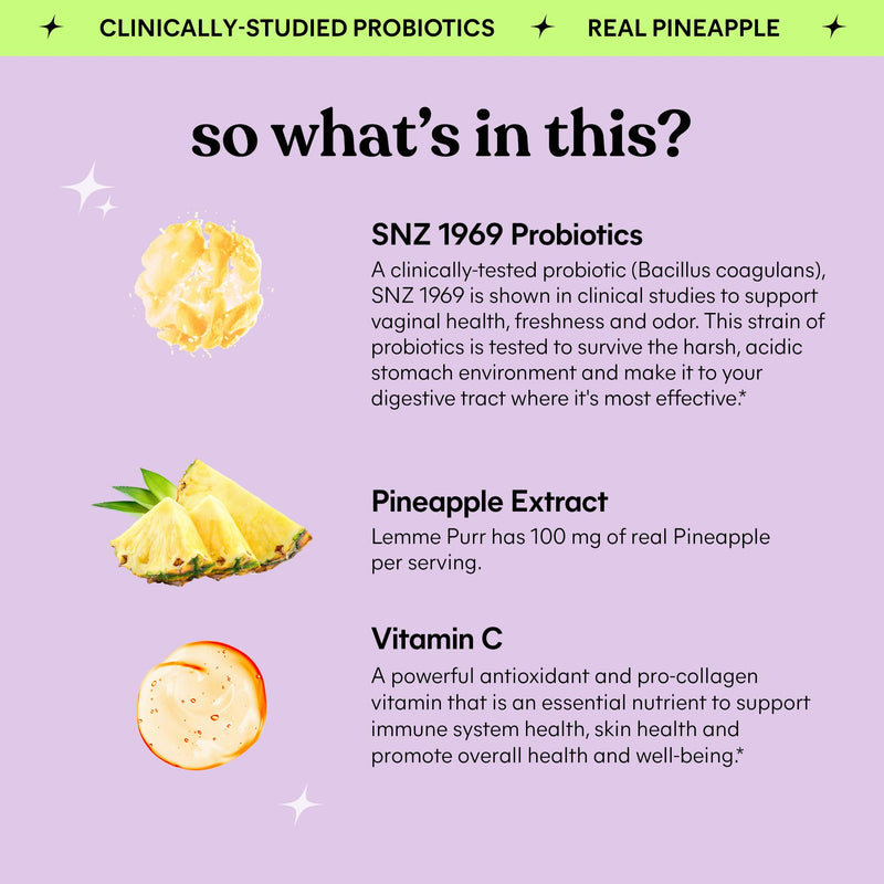 [Australia] - Lemme Purr Vaginal Probiotic Gummies for Women - Balanced pH, Healthy Odor, Yeast Balance & Flora Support + Vitamin C for Immune Health - Tasty Pineapple (60 Count) 60 Count (Pack of 1) 