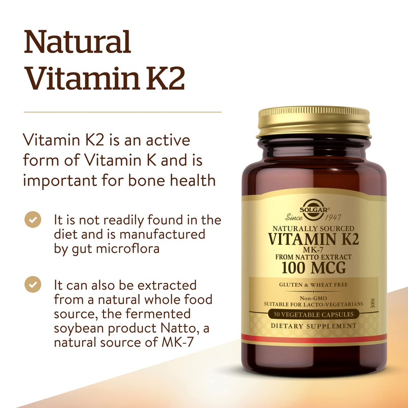 Solgar Naturally Sourced Vitamin K2 (MK-7) 100 mcg - 50 Vegetable Capsules - Supports Bone Health - Whole Food Source from Natto Extract - Non-GMO, Gluten Free - 50 Total Servings 50 Count (Pack of 1)