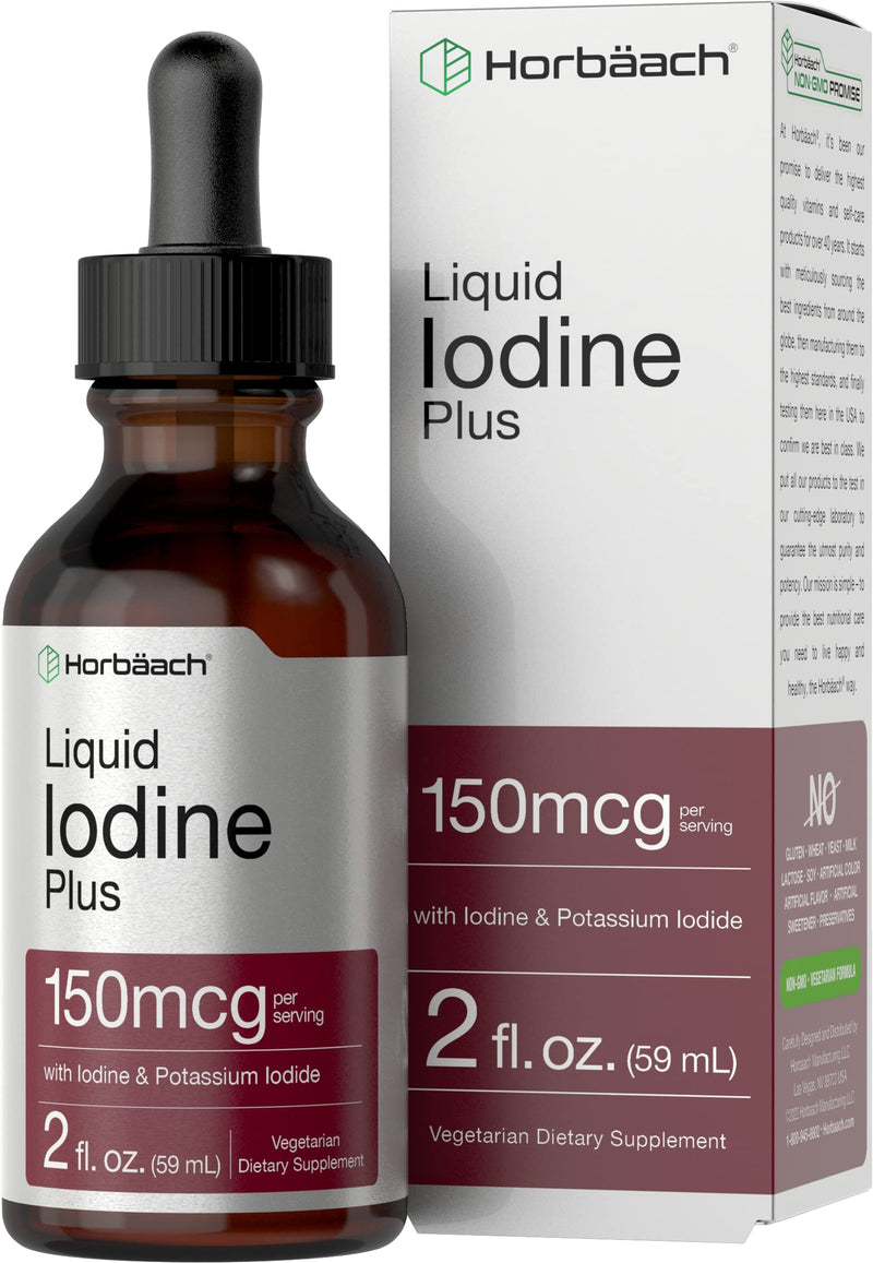 Horbäach Liquid Iodine Solution Drops | 2 fl oz | 150 mcg | Iodine & Potassium Iodide Supplement | Vegetarian, Non-GMO, Gluten Free Liquid Tincture