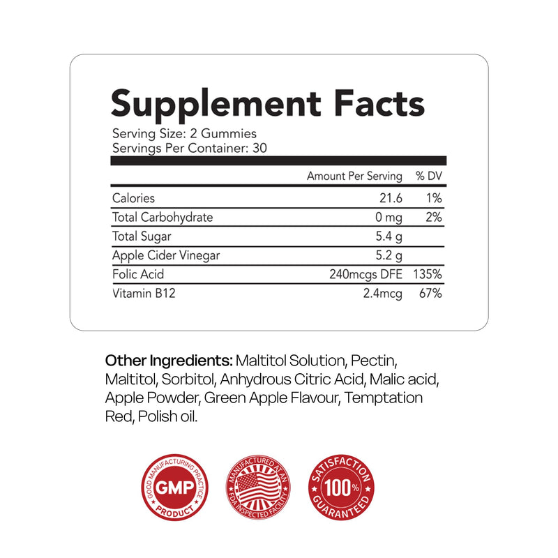 Apple Cider Vinegar ACV Gummies - 60 Counts | Vitamin B9, B12, Beetroot, Pomegranate | Support Immunity, Digestion and Detox | Gluten-Free, Vegan, Non-GMO