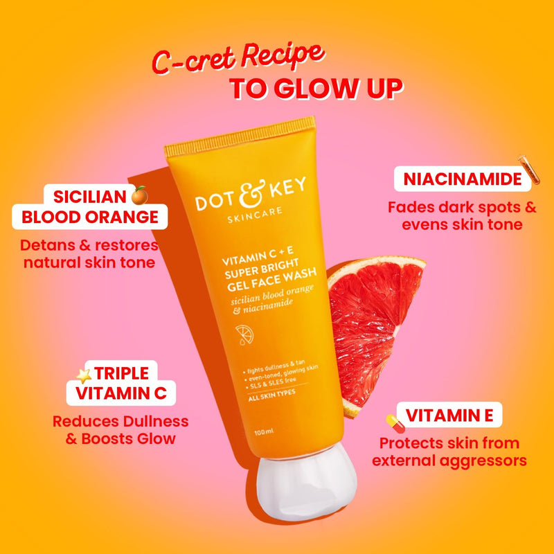 Dott and Keey Vitamin C + E Super Bright Gel Face Wash for Glowing Skin, All Skin Types, Triple Vitamin C Formula, 100 ml