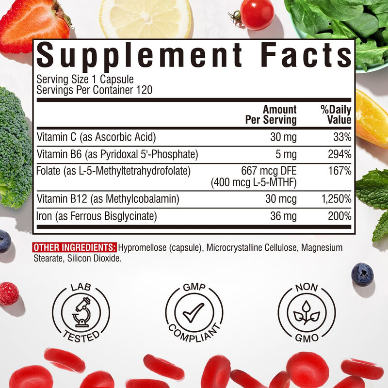Iron Supplement for Women & Men, with Vitamins C, B6, B12 & Folate | for Iron Deficiency, Blood Building & Energy Support, Stomach Friendly, Better Absorption, Non-GMO,No Gluten,120 Vegan Caps 120 Count (Pack of 1)