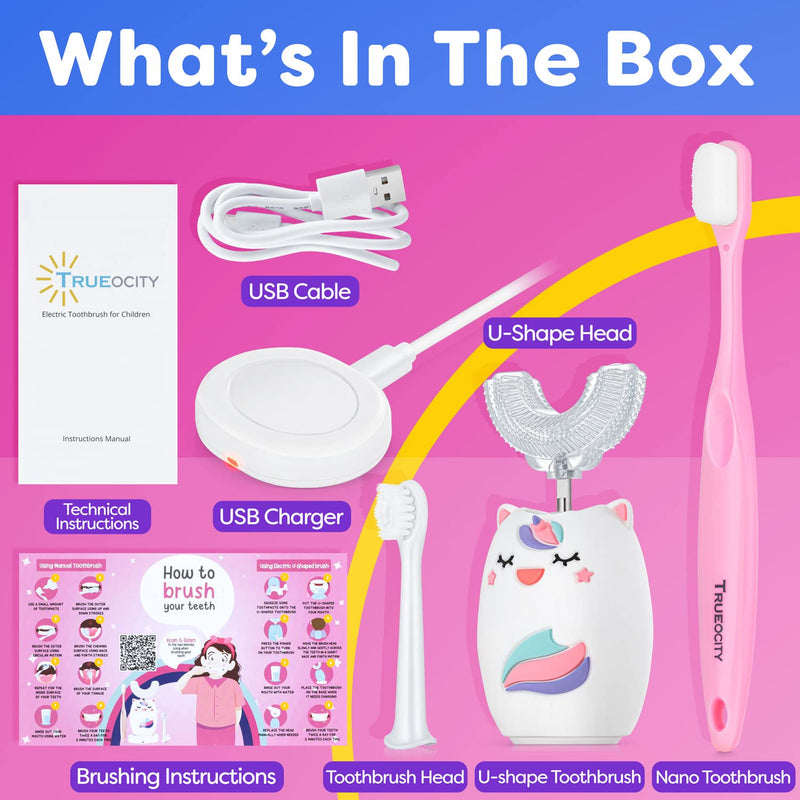 [Australia] - Kids Toothbrushes U Shape, Kids Automatic Toothbrush, Toddler Toothbrush U Shaped, U Toothbrush Kids, Auto Toothbrush, Rechargeable Electric Brush Age 2+, Children's U-Shaped Toothbrush (Unicorn) Pink - Unicorn 