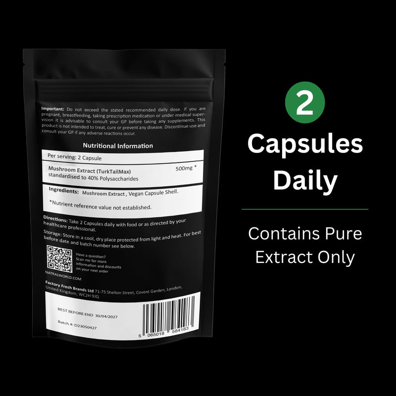 NATRAL TurkkeyTails 120 Capsules - 40% Actives High Strength Turkkey Tails - 100% Extract Only from 100% Fruiting Bodies - with No Additives or Fillers - Supports Immunity