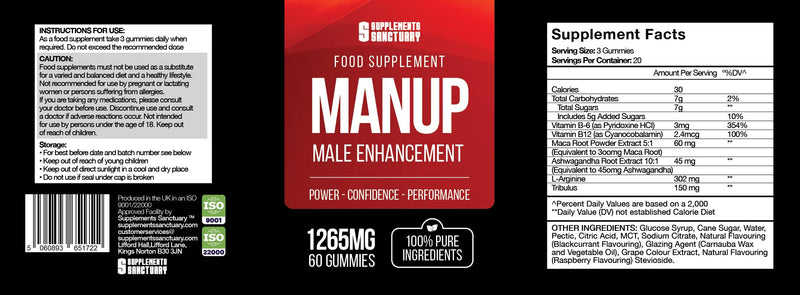 MANUP Male Gummies, 1265mg per Serving, with Maca, Vitamin B6, B12, Ashwagandha, L-Arginine, Tribulus Terrestris, Pack of 60
