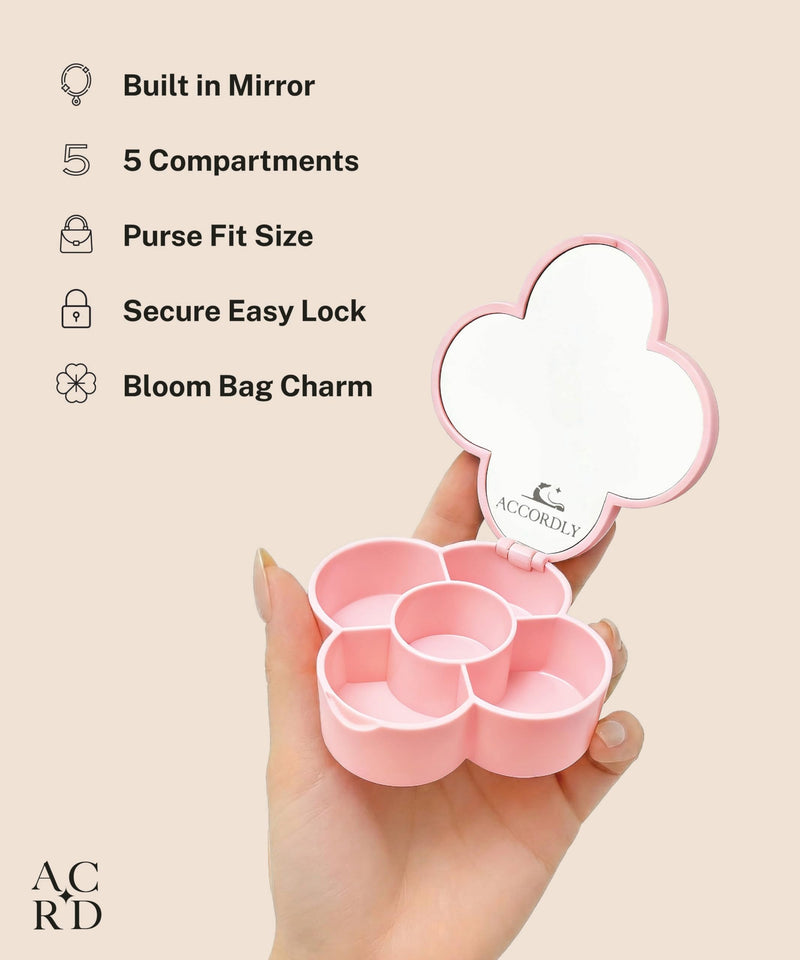 Bloom Charm Travel Pill Organizer, 5 Compartments with Mirror, Easy-Open Lock, Cute Compact Pill Box for Purse, BPA-Free Vitamin Case and Small Jewelry Storage, Blush Pink