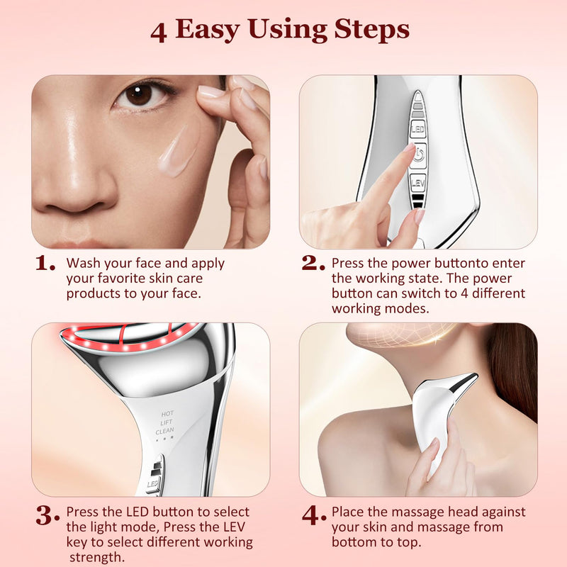 5-in-1 Red Light for Face and Neck，Face Neck Massager for Skin Care, Water Resistant Facial Sculptor Wand White-silver