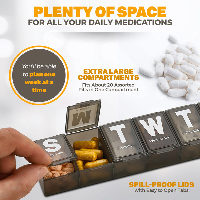 Weekly Pill Organizer - (Pack of 2) Extra Large Vitamin Container with Jumbo Easy to Read Letters, BPA Free - Daily Travel 7 Day Medication Pill Box Case, (Black)