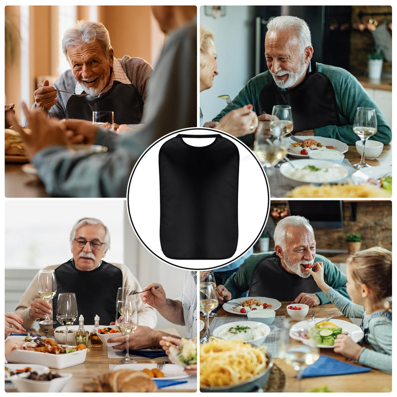 [Australia] - Double Layer Stretchable Adult Bibs with Crumb Catcher Waterproof Washable Dining Clothing Protector Adult Bibs Black Pure Style 