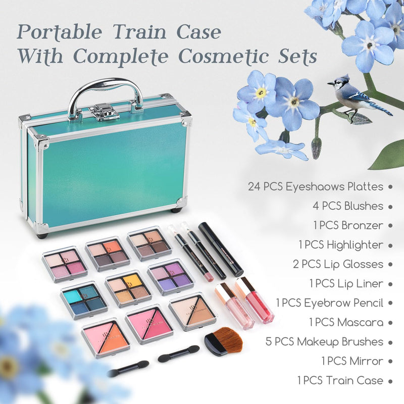 [Australia] - Color Nymph Beginner Makeup Kits For Teens With Train Case Included Full Makeup Kit Eyeshadow Palette Blushes Bronzer Highlighter Lipstick Brushes Mirror (Green) (Green) 