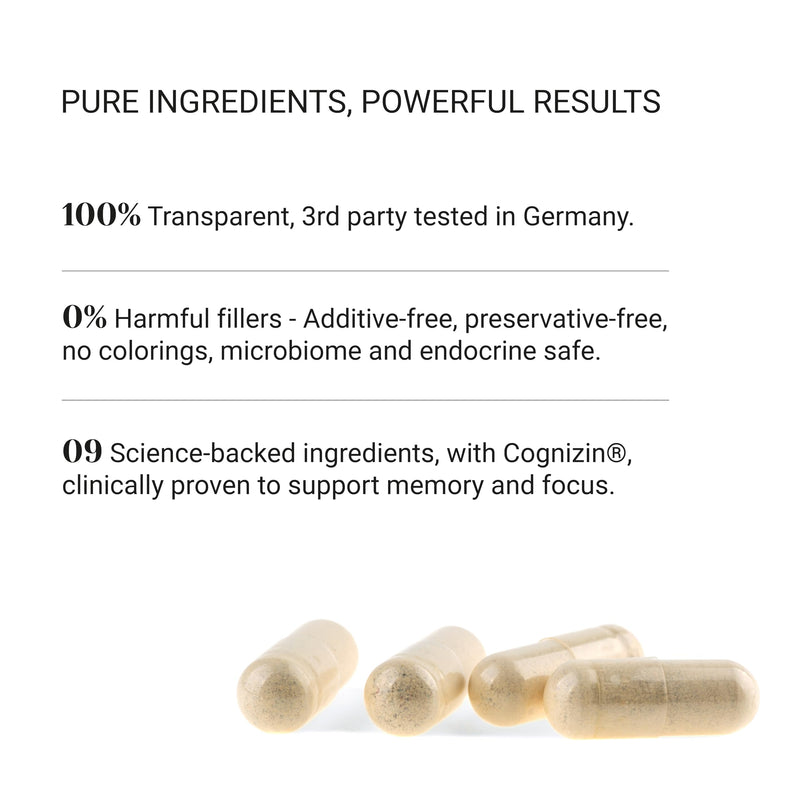 Nullure Memory & Focus | Nootropic Brain Supplement | Concentration · Energy · Focus | Citicolin COGNIZIN + Ginkgo Biloba 6000mg + Bacopa Monnieri + Ginseng | Caffeine Free | 60 Capsules