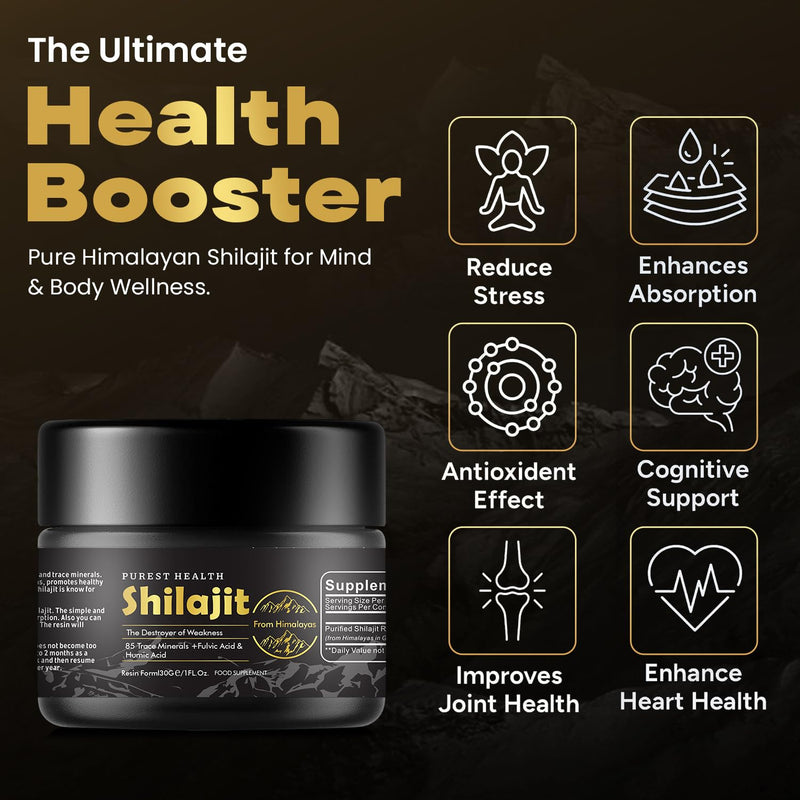 100% Natural Shilajit 30g - Premium Himalayan Resin - Rich in Fulvic & Humic Acid & 85 Trace Minerals - for Optimal Health 30 g (Pack of 1)