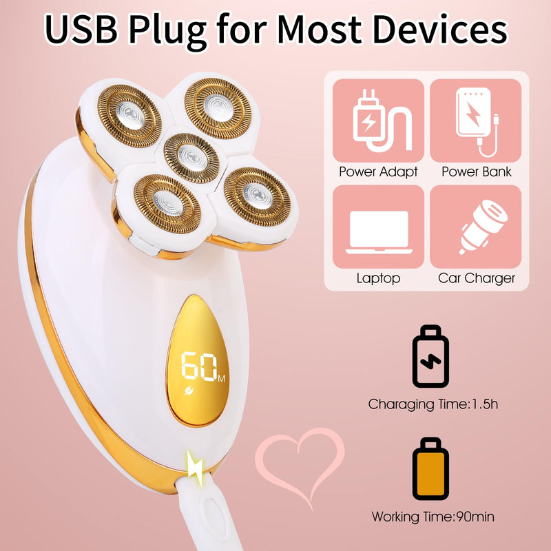 [Australia] - Electric Razors for Women, 5 in 1 Painless Rechargeable Dusk Shaver Womens, Women's Shavers Everything, Lady Leg/Bikini/Face Hair Removal Products, Female Wet Dry Shaving Machine 