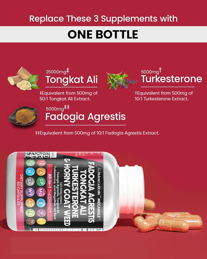 [Australia] - Fadogia Agrestis 5000mg Tongkat Ali 25000mg Turkesterone 5000mg Supplement with Horny Goat Weed, Saw Palmetto, Maca Root, Siberian Ginseng, Tribulus Terrestris, Fenugreek, Wild Yam - 60 Count 