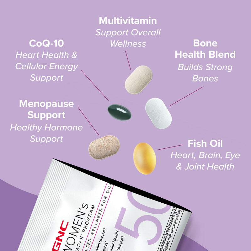GNC Women's 50+ Vitapak, 5-in-1 Multivitamin Pack, 30 Servings | Supports Healthy Hormones with Soy Isoflavones, Energy and Immunity with Iron, Biotin, and Zinc, Plus CoQ10 for Heart Health