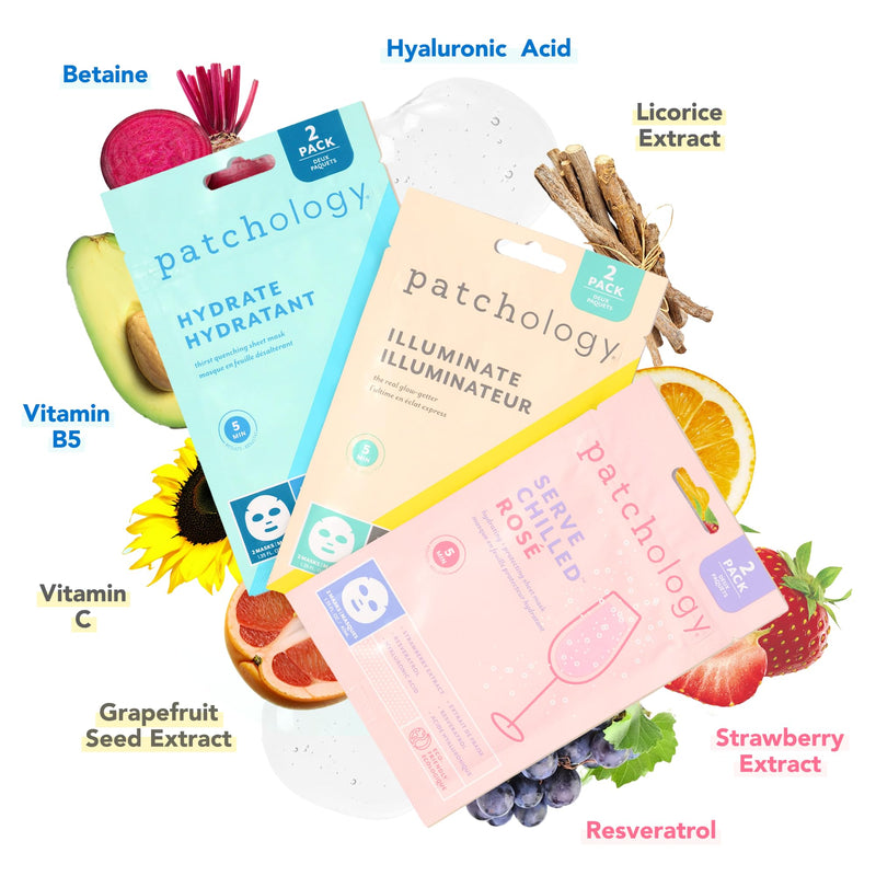 Patchology Face Mask Variety Pack - Illuminating Face Mask with Vitamin C stimulates collagen, Hydrating Face Masks with Hyaluronic Acid soften skin, Renewing Face Masks with Strawberry (6 Masks)