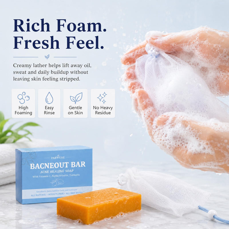 BacneOut Bar, Acne Healing Soap with Turmeric Vitamin C & Alphaarbutin, Natural Exfoliating Cleanser for Back, Face, Chest, Shoulders (2) 2