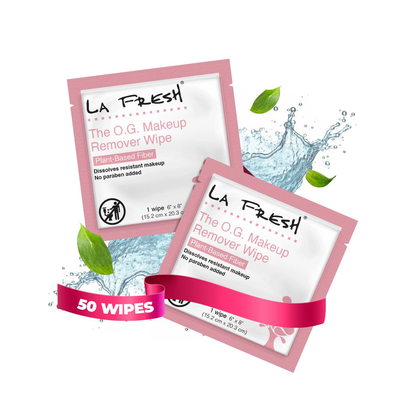 LA Fresh Makeup Remover Facial Cleansing Wipes Pack of 50ct Individually Wrapped 6x8” Wipes Made With Vitamin E To Leave Skin Soft And Smooth Convenient Size For Purse, Gym Bag, Nightstand, Car, Travel Size 50 Count