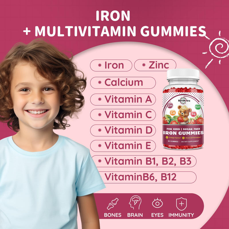 [Australia] - Iron Supplement Gummies for Kids - with Calcium, Zinc, Kids Multivitamin with Iron Gummies - Immune Support, Blood Builder & Energy Support for Iron Deficiency, Anemia, Vegan - 60 Gummies Strawberry 60 Count (Pack of 1) 