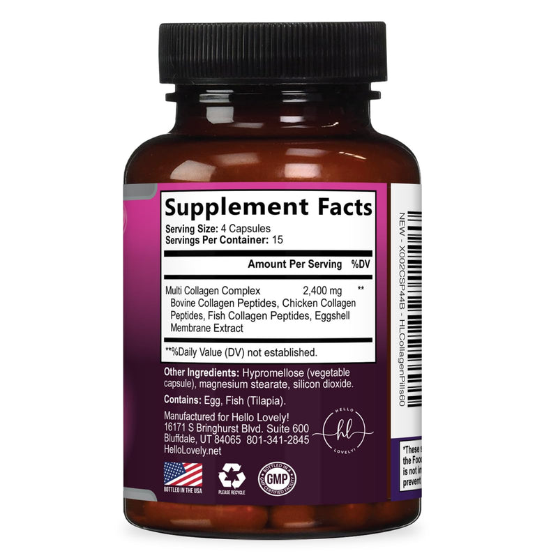 Multi Collagen Peptides - Hydrolyzed Collagen Types I, II, III, V, X - Best Hair, Skin, Nail & Joint Support for Women - Complete Collagen Peptide Supplement - Non-GMO, Bottled USA - 60 Capsules 60 Count (Pack of 1)
