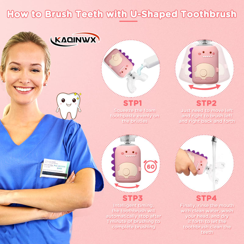 Kids U Shaped Electric Toothbrush for Age 2-12, Rechargeable Toddler Toothbrush with Smart Timer & 3 Clean Modes, Dinosaur Design, IPX7 Waterproof, 3 Brush Heads & 360°Cleaning Dinosaur-pink