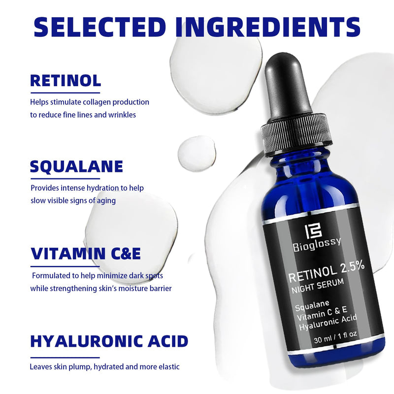 Retinol Serum for Face, 2.5% Retinol Intense Night Serum with Squalane,Vitamin C & E & B3,Hyaluronic Acid for Lines, Wrinkles & Premature Sun Damage to Resurface & Hydrate 30 ml/ 1 Fl oz Retinol Serum for Face