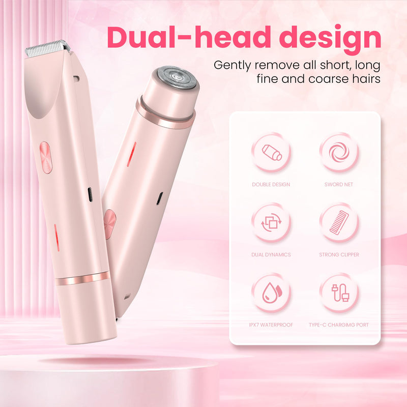 [Australia] - Bikini Trimmer for Women-2 in 1 Dual Head Electric Razors,USB Rechargeable Bikini Electric Shaver,IPX7 Waterproof Dry & Wet Use Body Hair Trimmer and Facial Hair Remover for Underarm Leg Body,Pink Pink 