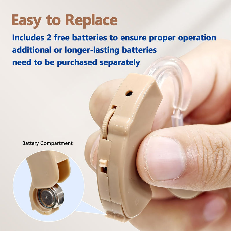 Hearing Amplifier for Adults & Seniors (Pair), Behind-the-Ear Personal Hearing Support Device with 6 Volume Levels, Noise Reduction for Clear Conversations & TV, 6 Domes, Battery Powered, Case Beige 2-pack