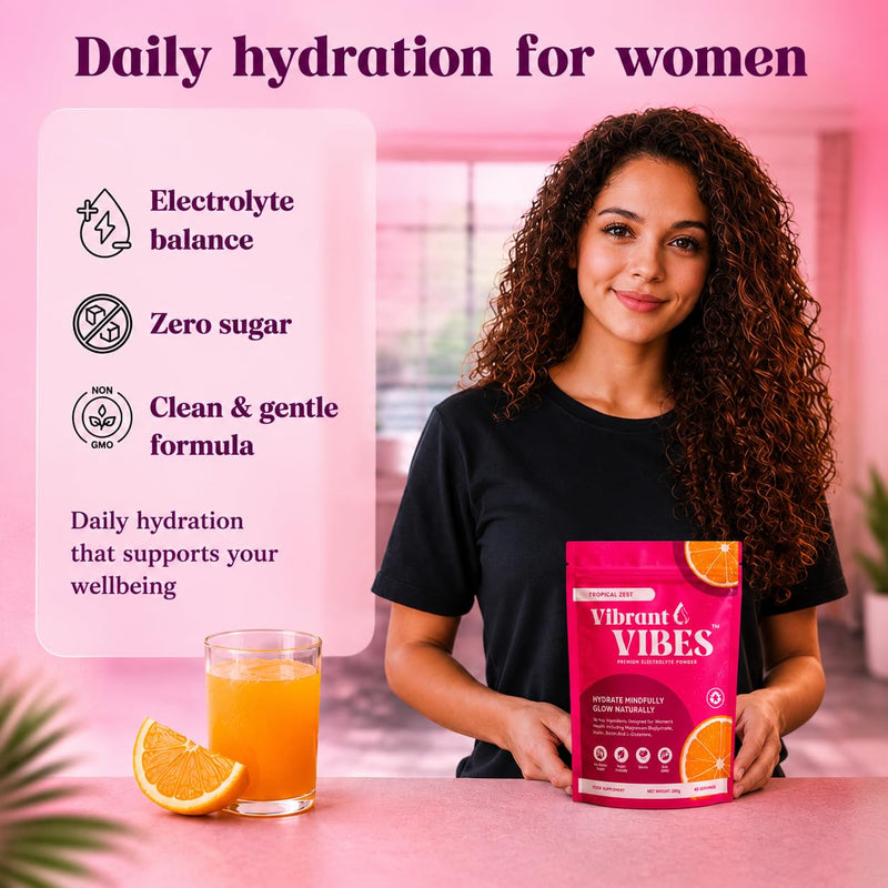 Vibrant Vibes Women’s Electrolyte Powder – Clean Daily Hydration | Zero Sugar, Magnesium, B & C Vitamins | Vegan Electrolytes | 280g Pouch – 40 Servings, Tropical Zest Flavour.