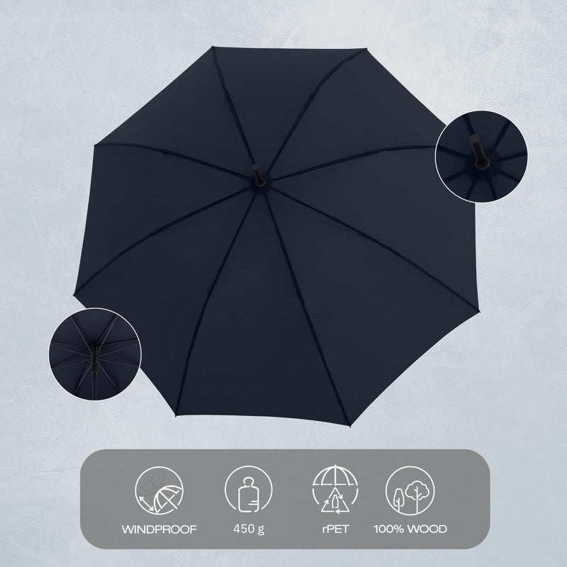 Knirps TIMBER Large Umbrella For Men & Women, Windproof Rain and Sun Protection On The Go Classic Walking Stick Style with Non Slip German Beechwood Handle, Full Coverage Water Resistant Canopy Navy