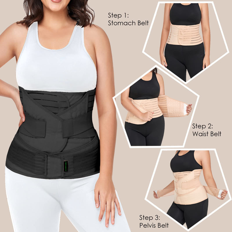 [Australia] - 3 in 1 Postpartum Belly Band Wrap Support Recovery Girdles Abdominer Binder Post Surgery Belly&Waist&Pelvis Support Belt & Back Brace (Black, Large) Black 