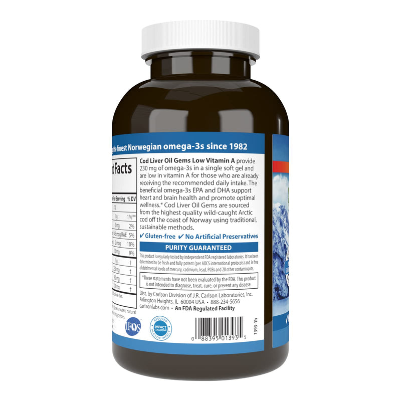 Carlson Cod Liver Oil Gems, Low Vitamin A, 230 mg Omega-3s, 300 Softgels | Norwegian; Wild Caught; Sustainably Sourced 1 Count (Pack of 300)