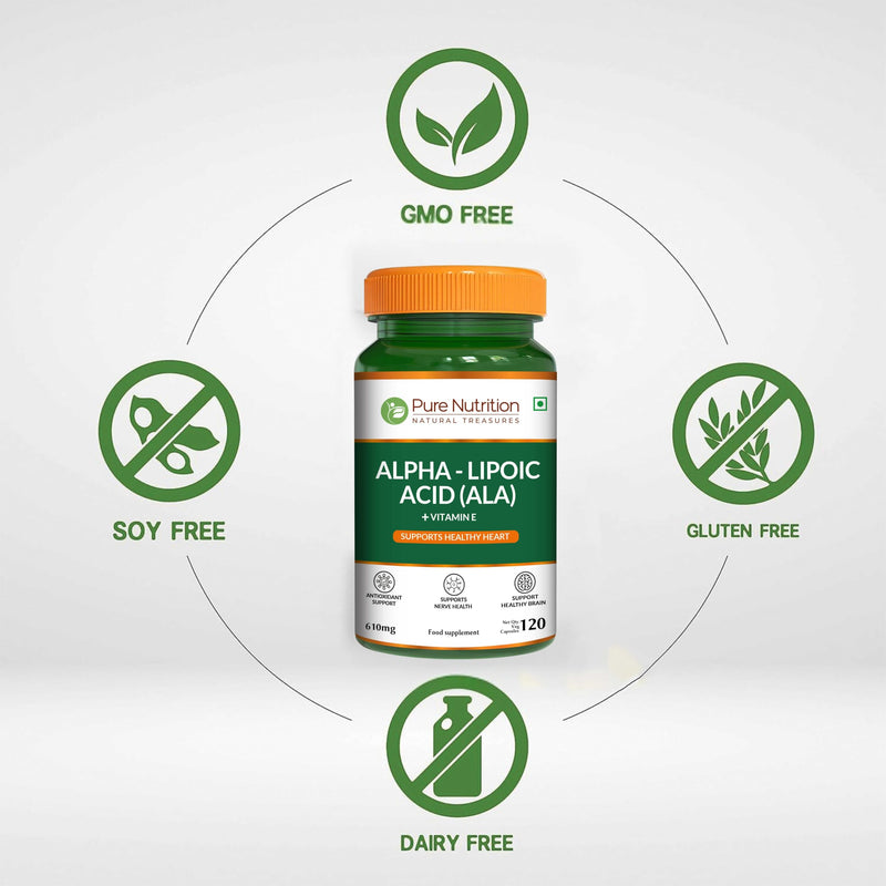 Pure Nutrition Alpha Lipoic Acid 600mg + Vitamin E | 120 Caps | Powerful Antioxidant to Support Nerve & Heart Health*. | Non-GMO