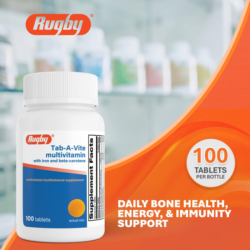 Rugby Tab-A-Vite Multivitamin with Iron and Beta-Carotene, 100 Tablets | Daily Multivitamin, Bone Health, Energy, and Immunity Support for Adults, Multimineral Supplement