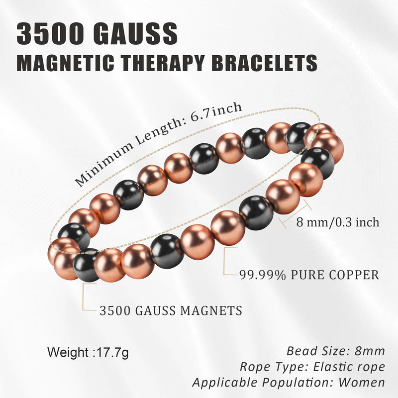 [Australia] - Copper Bracelet for Women and Men, Copper Magnetic Bracelet with 3500 Gauss Magnet Beads as Boss Day Gifts, Cooper Jewelry Pulsera De Cobre Para Mujer for Parents Anniversary Birthday Gifts 8mm Women Size 