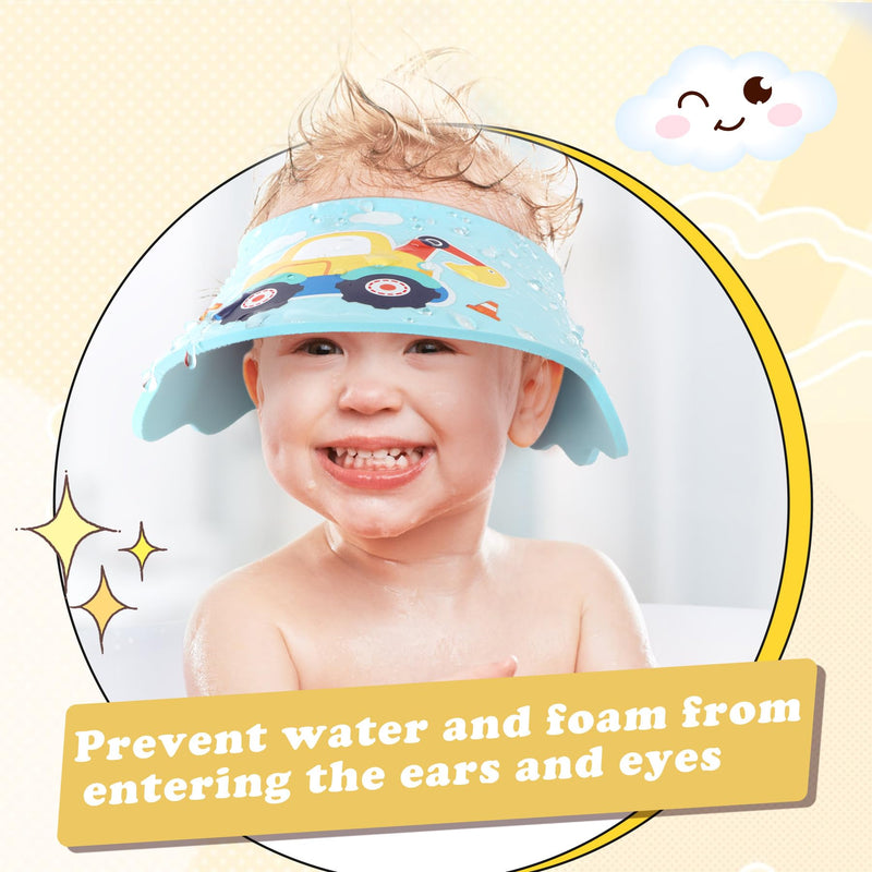 [Australia] - LADES Baby Shower Caps Shield - Adjustable Kids Bath Visor Hat Shampoo Washing Hair Protection Soft Cartoon for Toddler Blue Excavator 
