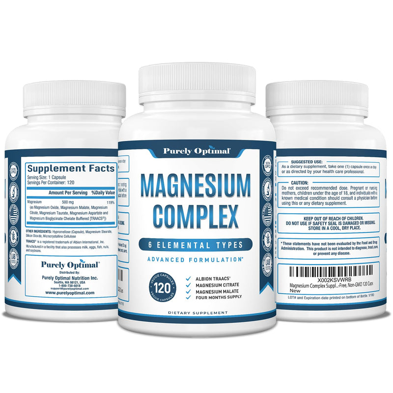 [Australia] - Magnesium Complex Supplement - Magnesium Citrate, Malate, Taurate, Oxide, Bisglycinate Chelate, Aspartate 500mg - for Sleep, Leg Cramps, Muscle, Heart - Max Absorption, Gluten-Free, Non-GMO 120 Caps 120 Count (Pack of 1) 120.0 