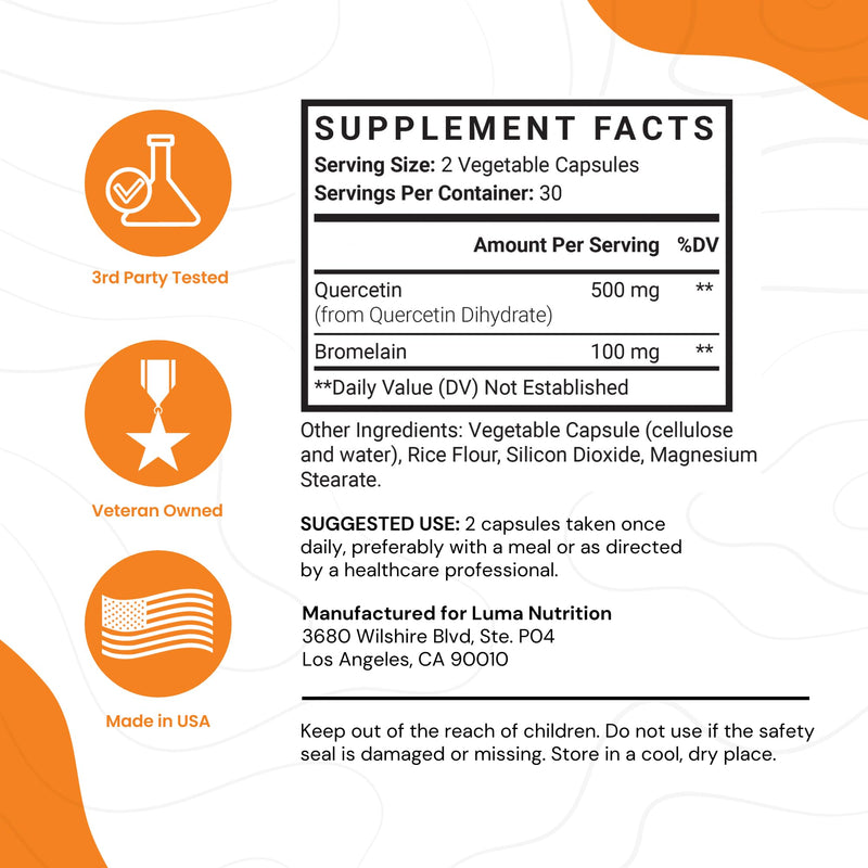 [Australia] - Luma Nutrition Quercetin 500mg - Quercetin with Bromelain - Powerful Quercetin - Premium Bromelain - Antioxidant - Immune Support - 60 Capsules 