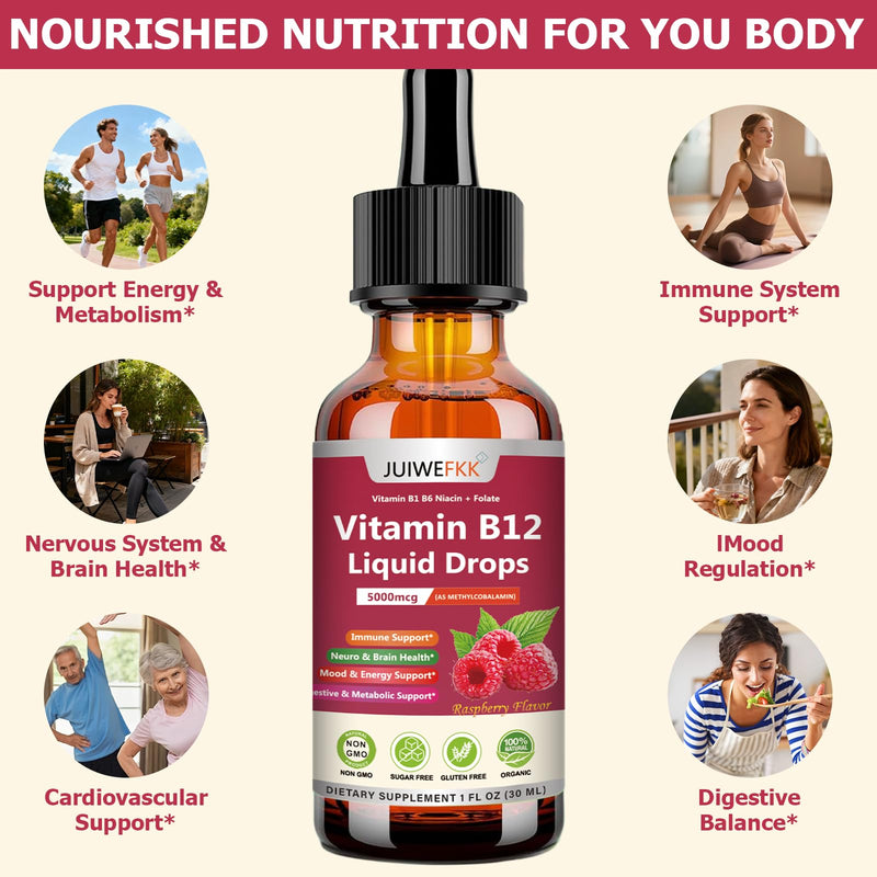 2 Pack Liquid Vitamin B12 Drops 5000 mcg - Extra Strength B12 Methylcobalamin with B1 B6 B3 Folate Niacin - Fast Absorption Sublingual B-12 Drops for Energy Metabolism & Brain Function Raspberry 1 Fl Oz (Pack of 2)