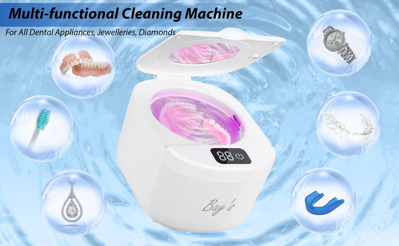 [Australia] - BAYS Ultrasonic Retainer Cleaner 45kHz Cleaning Machine for Dentures, Mouth Guards, Night Guards, and All Dental Appliances – 230ml Capacity – Ideal for Jewelry and Denture Digital Timer (black) white 
