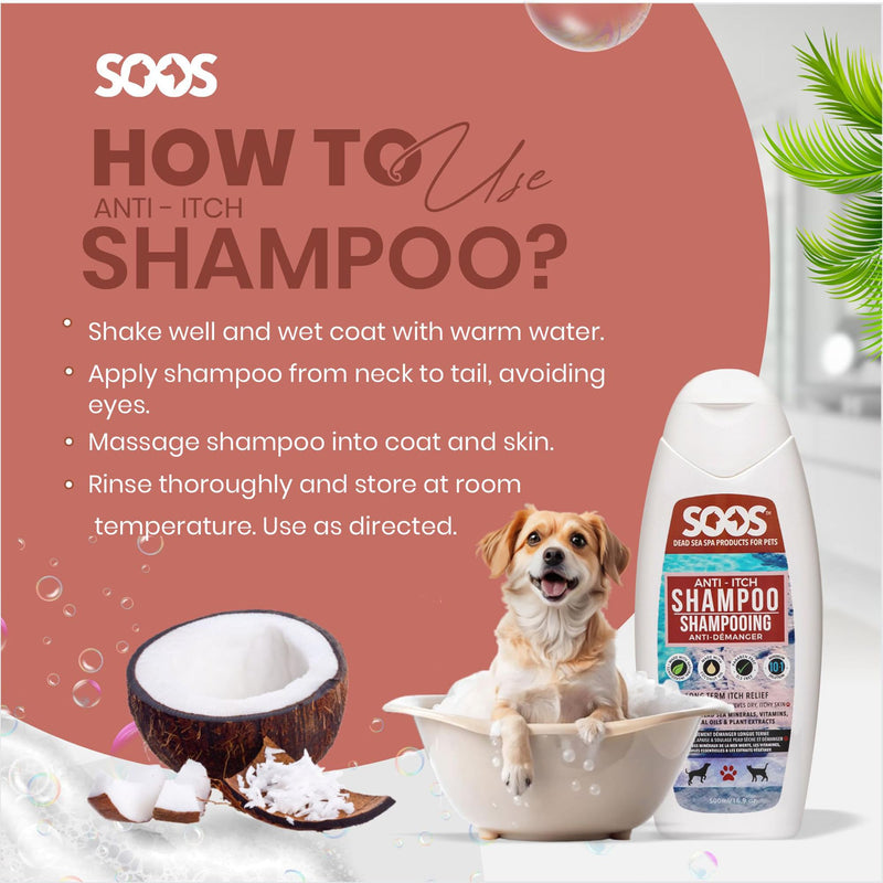Soos Pet Dog Shampoo for Cats and Pets Anti-Itch Dead Sea Minerals Fast Absorbing Clean Fur with Vitamins Essential Oils Natural Ingredients Antiba-cterial and Antif-ungal - 1x Pet Shampoo (500ml) - PawsPlanet Australia