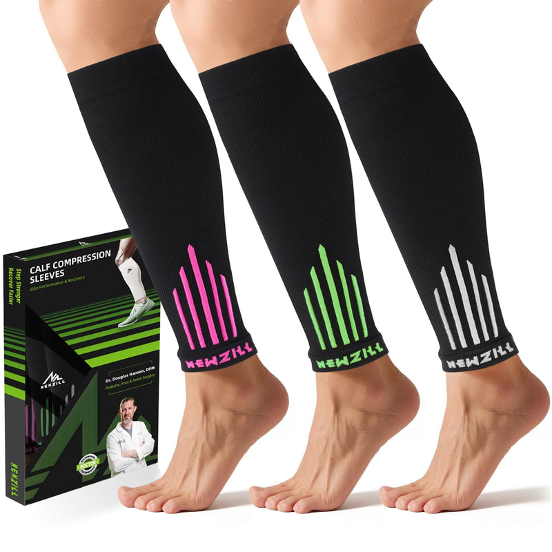 NEWZILL Compression Calf Sleeves (20-30mmHg) for Men & Women Perfect Option to Compression Socks for Running Travel Nursing [3-pairs] White/Pink/Green L/XL (see Size Chart)