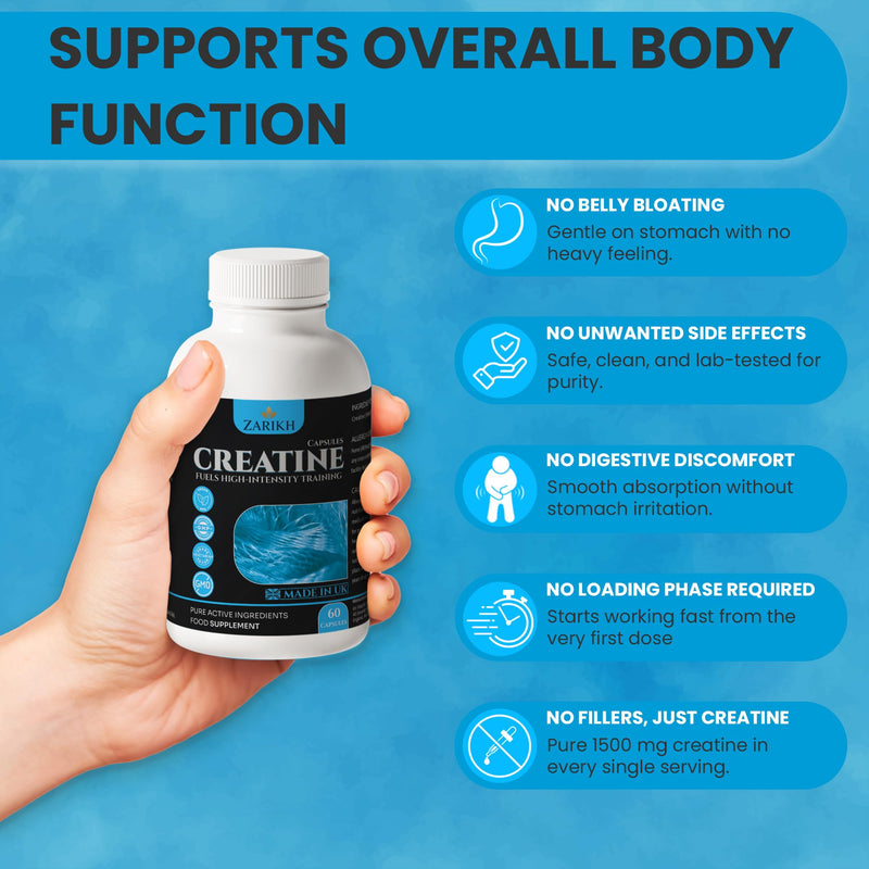 Creatine monohydrate Capsules | Supports Lean Muscle Mass, Recovery, Energy & Performance | Unflavoured creatine Capsules for Men & Women | 1500mg creatine per Serving | 60 Capsules | UK Made